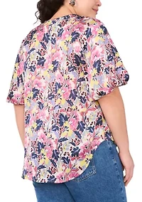 Plus 3/4 Puff Sleeve V-Neck Blouse