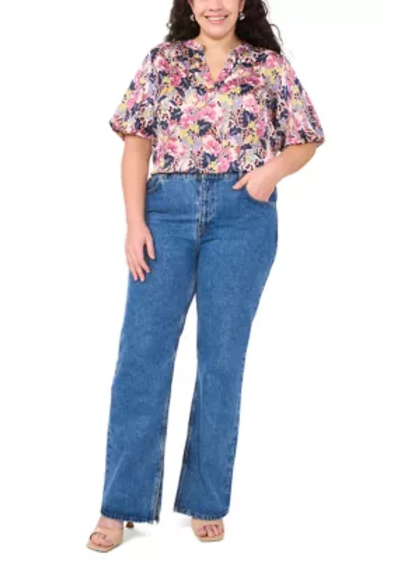 Plus 3/4 Puff Sleeve V-Neck Blouse