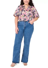 Plus 3/4 Puff Sleeve V-Neck Blouse