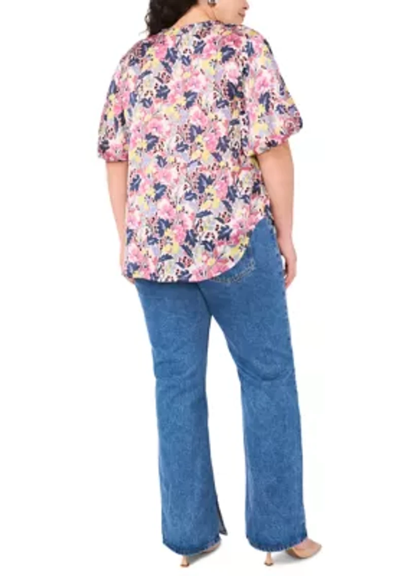 Plus 3/4 Puff Sleeve V-Neck Blouse