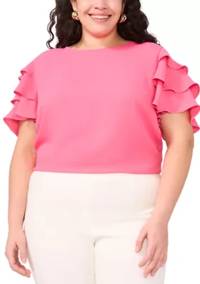 Plus Crew Neck Tiered Ruffle Blouse