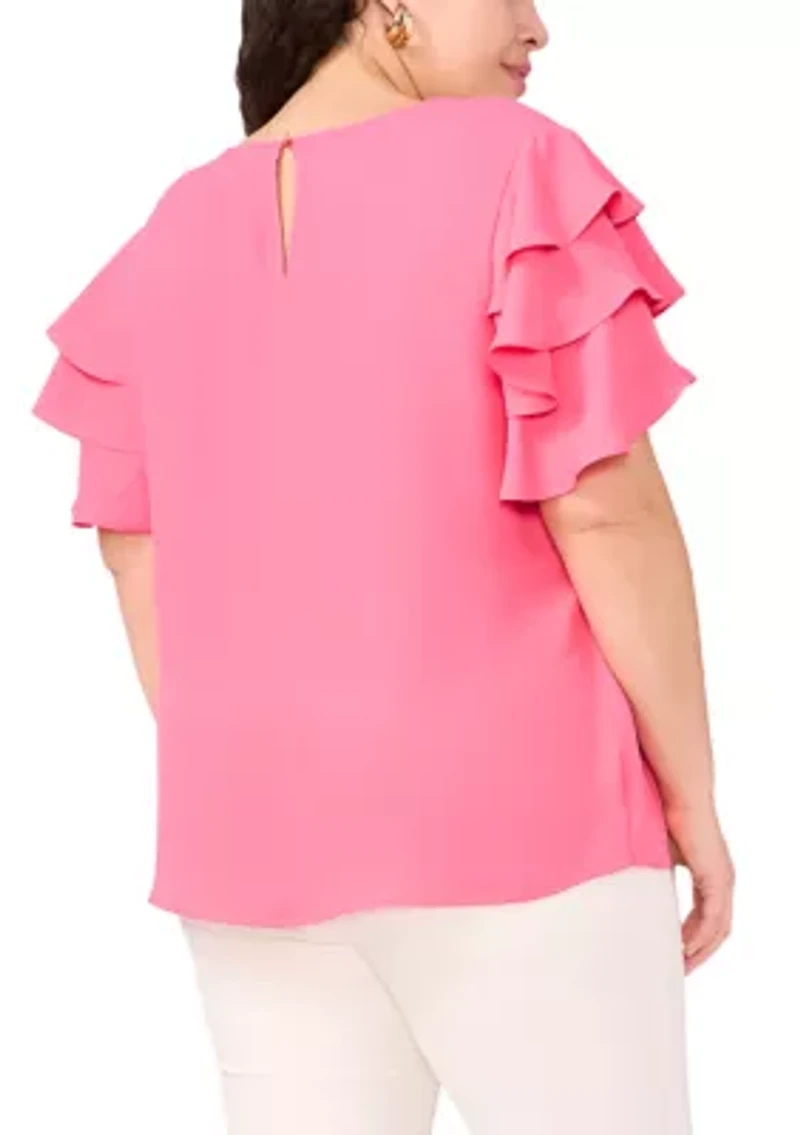 Plus Crew Neck Tiered Ruffle Blouse