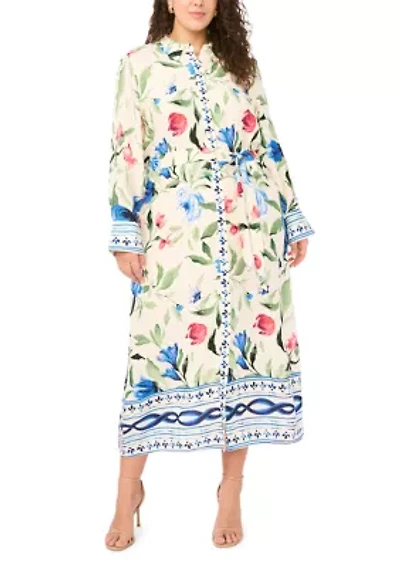 Plus Sleeve Challis Long Collared Dress