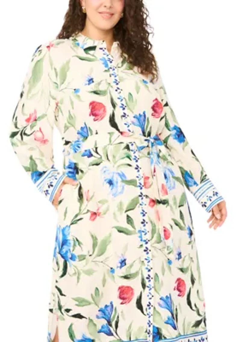 Plus Sleeve Challis Long Collared Dress