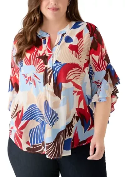 Plus 3/4 Flutter Sleeve Blouse
