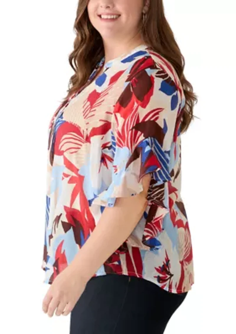 Plus 3/4 Flutter Sleeve Blouse