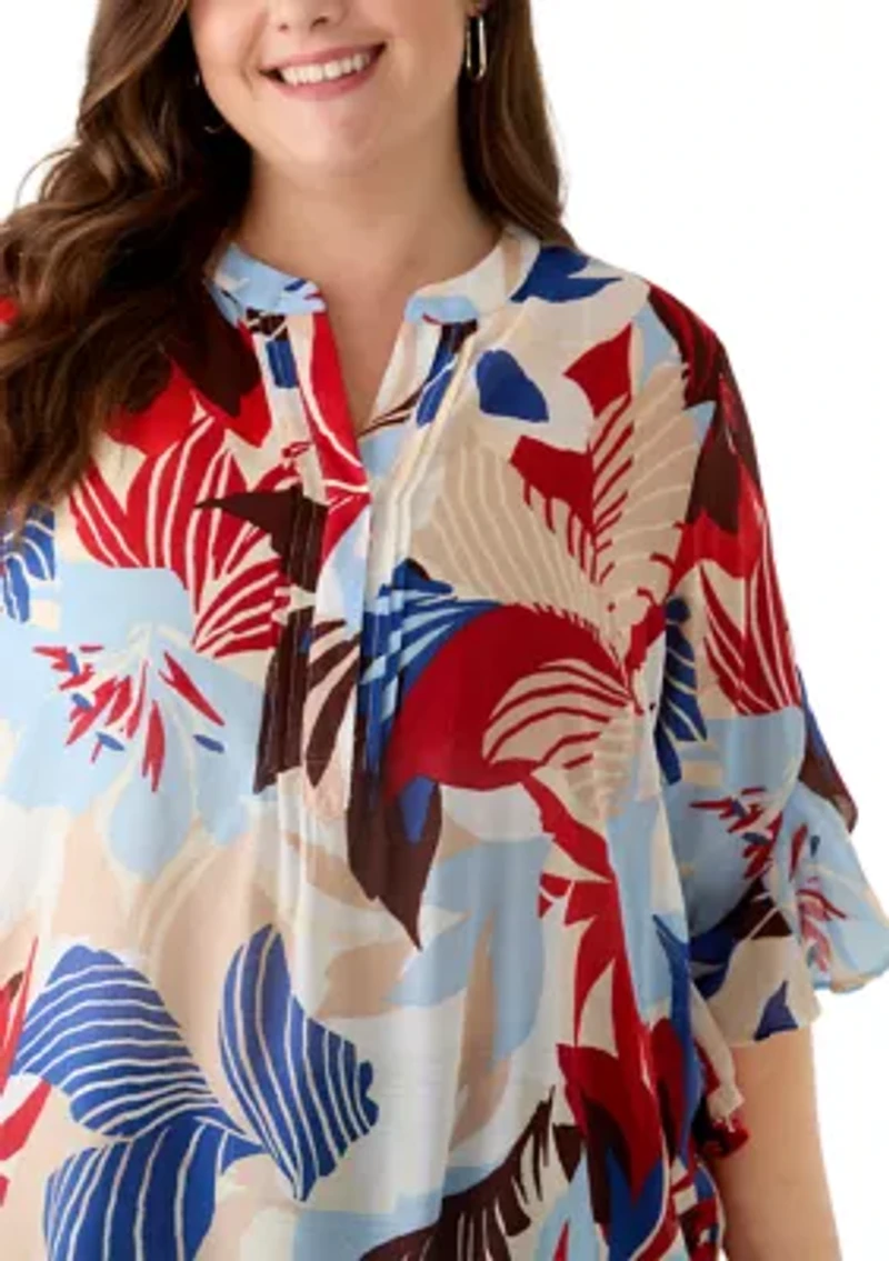 Plus 3/4 Flutter Sleeve Blouse