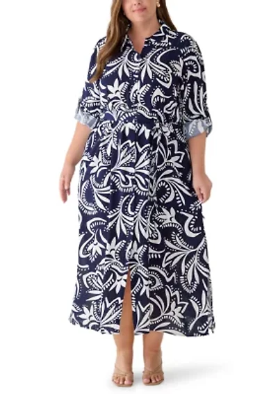 Plus Challis 3/4 Sleeve Collared Dress