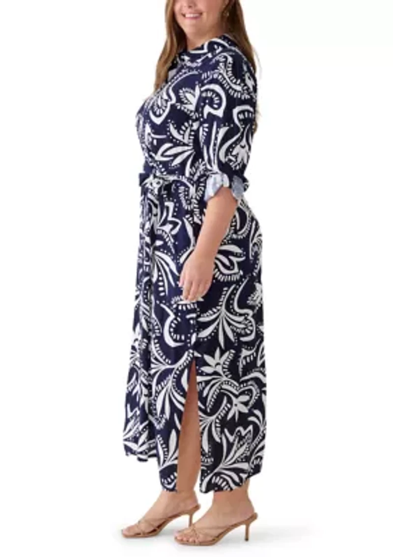 Plus Challis 3/4 Sleeve Collared Dress