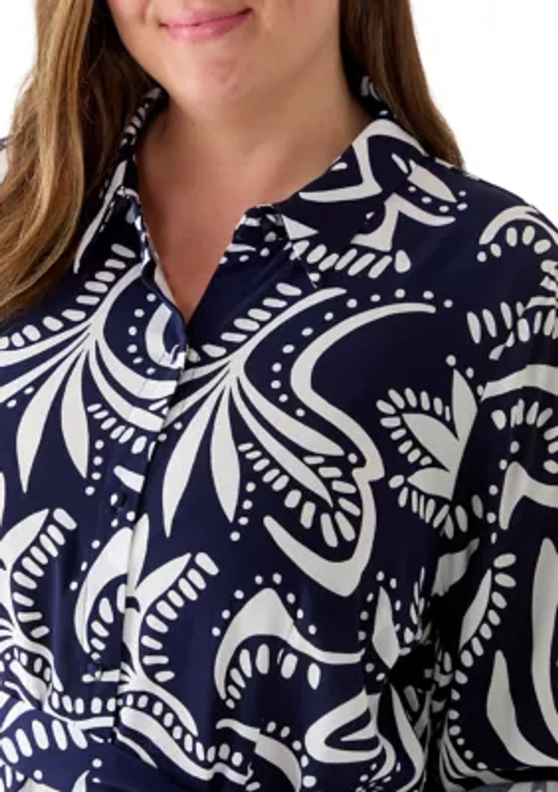 Plus Challis 3/4 Sleeve Collared Dress