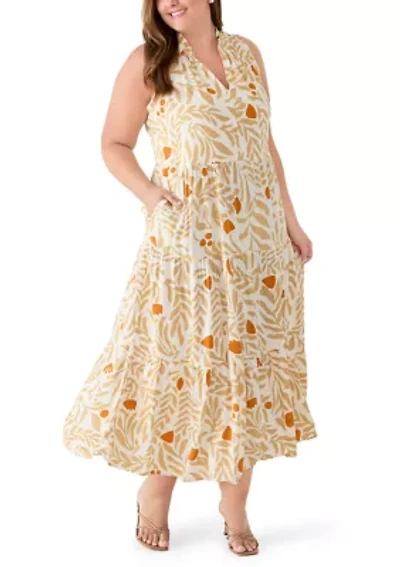 Plus Challis Sleeveless V-Neck Tiered Dress