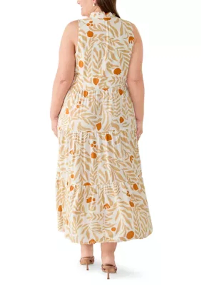 Plus Challis Sleeveless V-Neck Tiered Dress