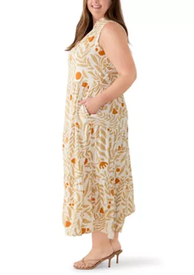 Plus Challis Sleeveless V-Neck Tiered Dress