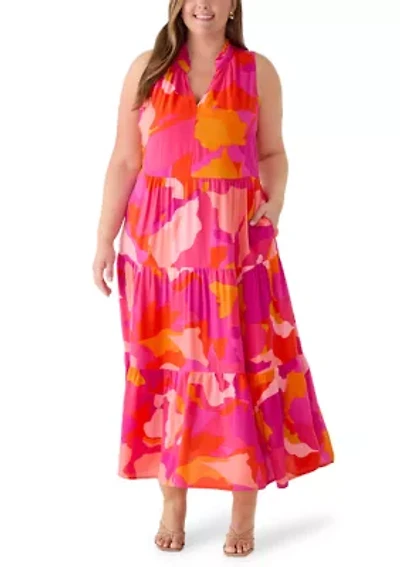 Plus Challis V-Neck Tiered Dress