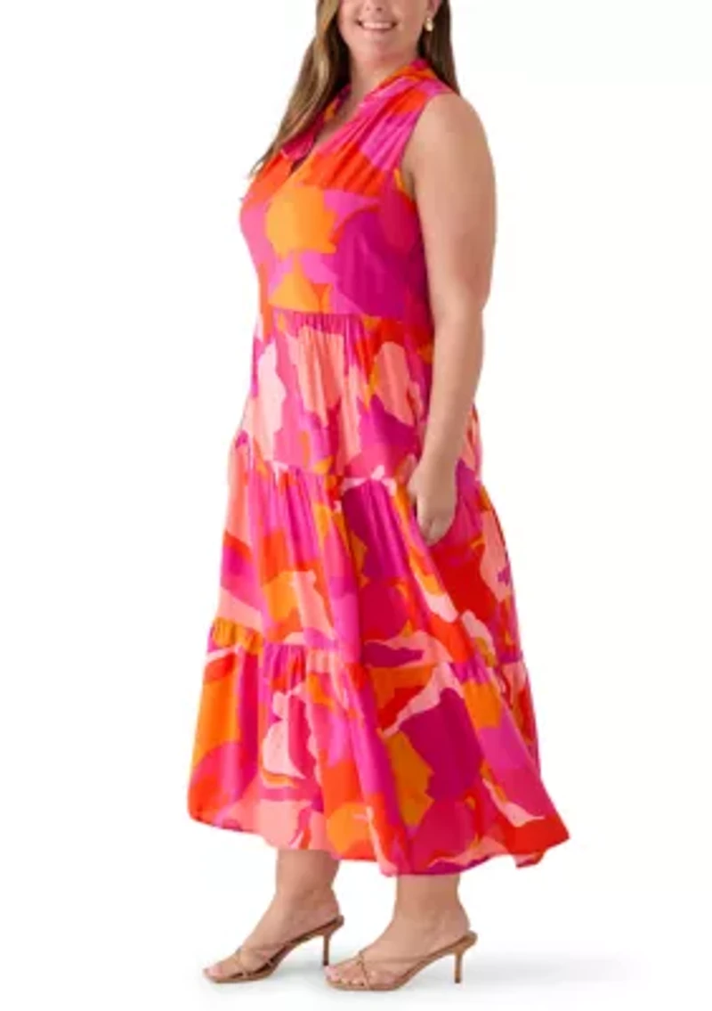 Plus Challis V-Neck Tiered Dress