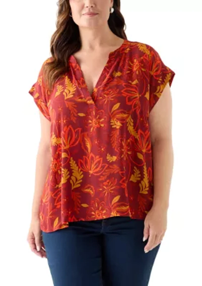 Plus Short Sleeve V-Neck Front Placket Blouse