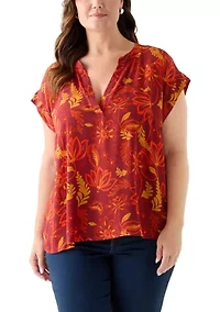 Plus Short Sleeve V-Neck Front Placket Blouse