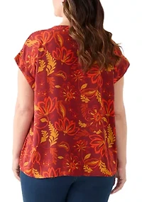 Plus Short Sleeve V-Neck Front Placket Blouse