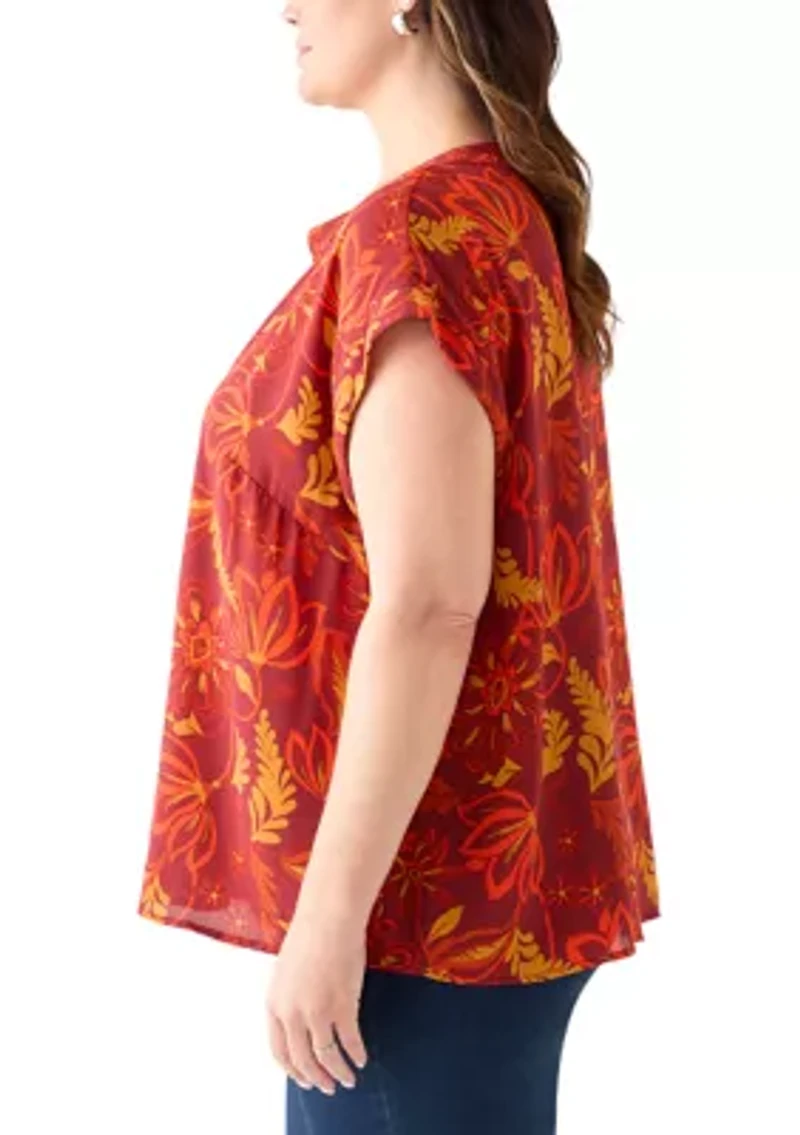 Plus Short Sleeve V-Neck Front Placket Blouse