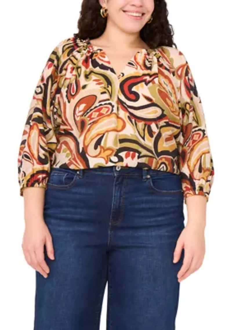 Plus 3/4 Sleeve V-Neck Blouse
