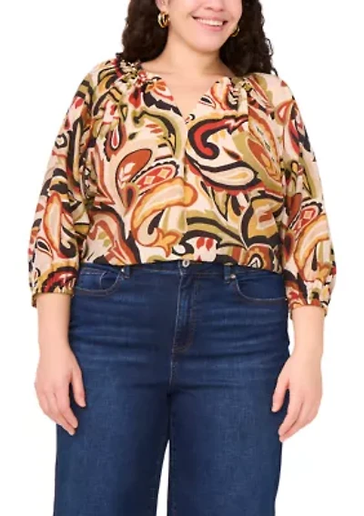 Plus 3/4 Sleeve V-Neck Blouse