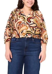 Plus 3/4 Sleeve V-Neck Blouse