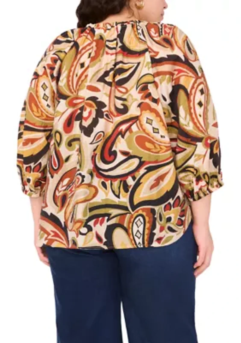 Plus 3/4 Sleeve V-Neck Blouse