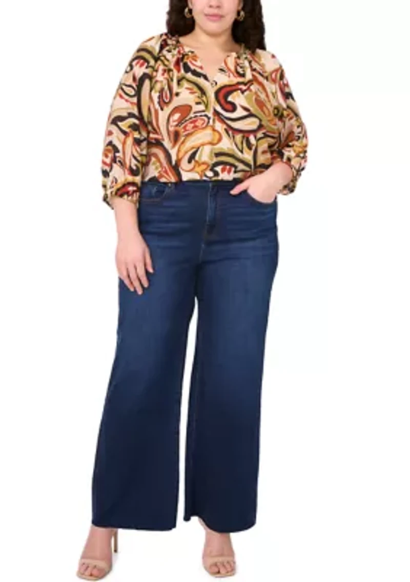 Plus 3/4 Sleeve V-Neck Blouse