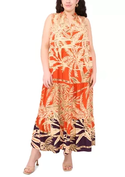 Plus Sleeveless Printed Tiered Maxi Dress