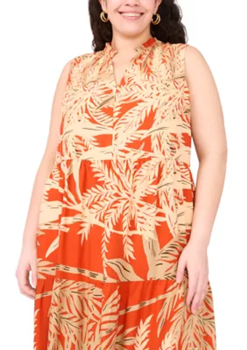 Plus Sleeveless Printed Tiered Maxi Dress