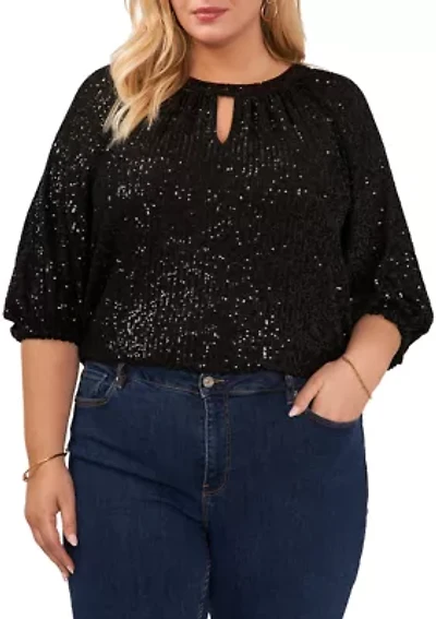 Plus Puff Sleeve Keyhole Sequin Top
