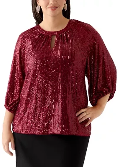 Plus Puff Sleeve Keyhole Sequin Top