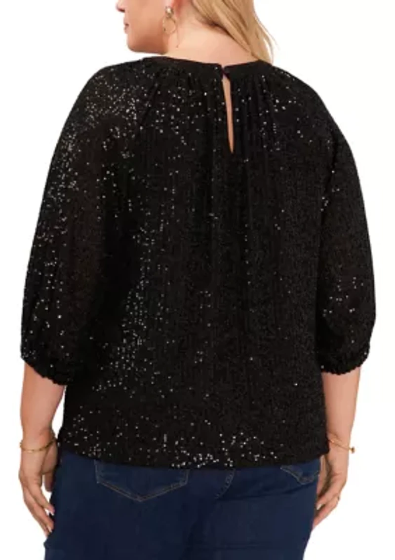 Plus Puff Sleeve Keyhole Sequin Top