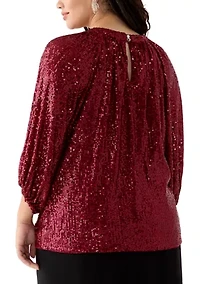 Plus Puff Sleeve Keyhole Sequin Top