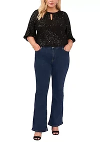 Plus Puff Sleeve Keyhole Sequin Top