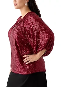 Plus Puff Sleeve Keyhole Sequin Top