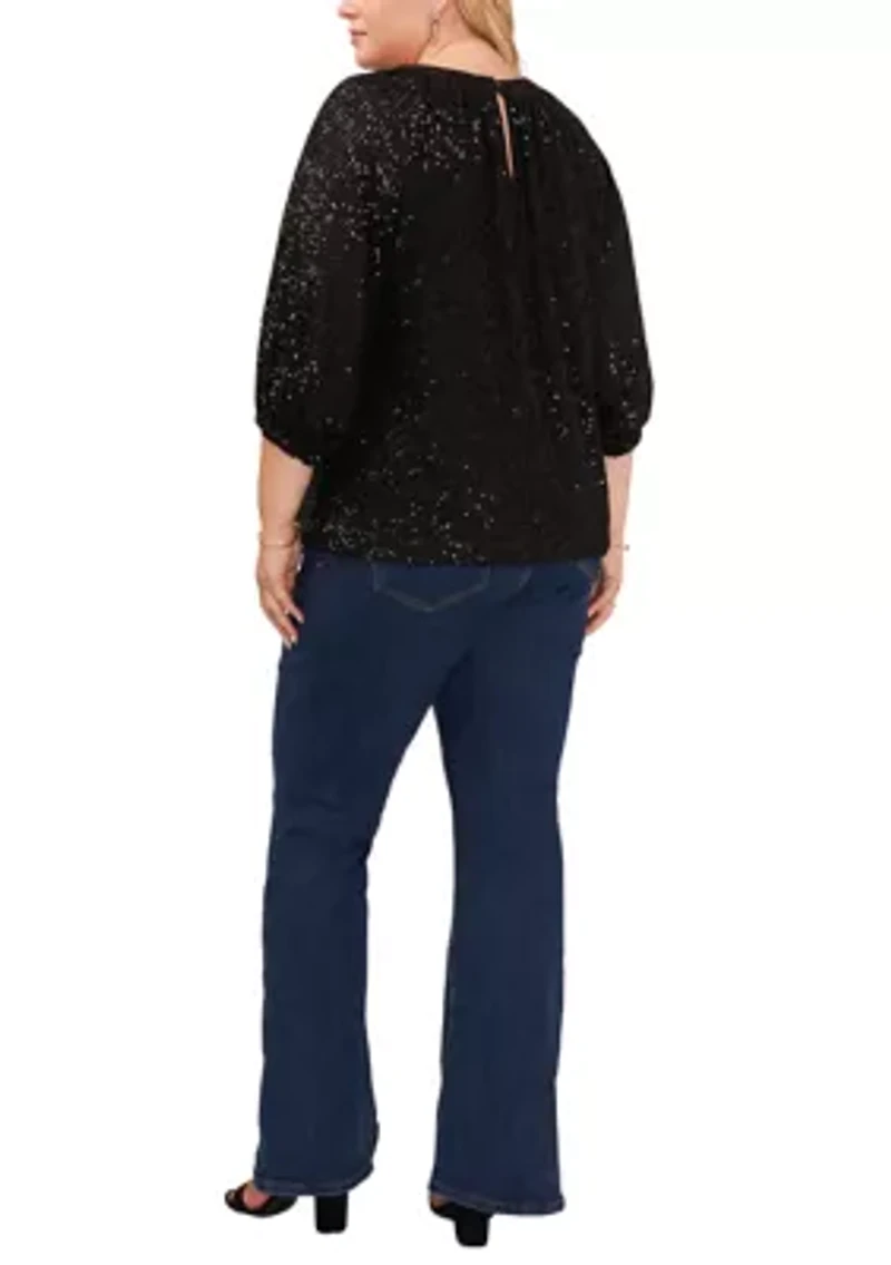 Plus Puff Sleeve Keyhole Sequin Top