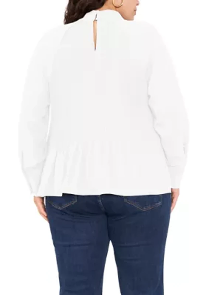 Plus Long Sleeve Tie Back Pleated Blouse