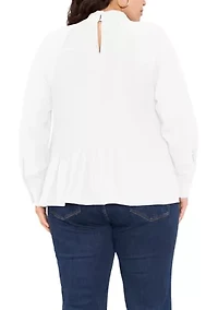 Plus Long Sleeve Tie Back Pleated Blouse
