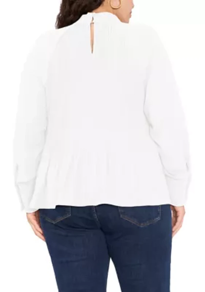 Plus Long Sleeve Tie Back Pleated Blouse