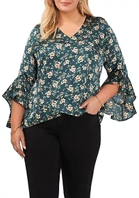 Plus Long Sleeve V-Neck Double Layer Blouse