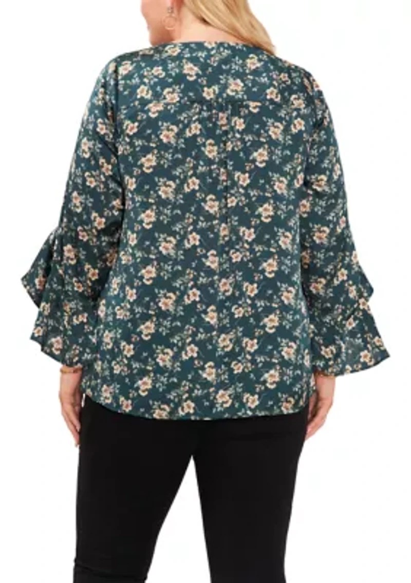 Plus Long Sleeve V-Neck Double Layer Blouse