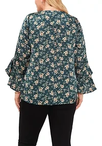 Plus Long Sleeve V-Neck Double Layer Blouse
