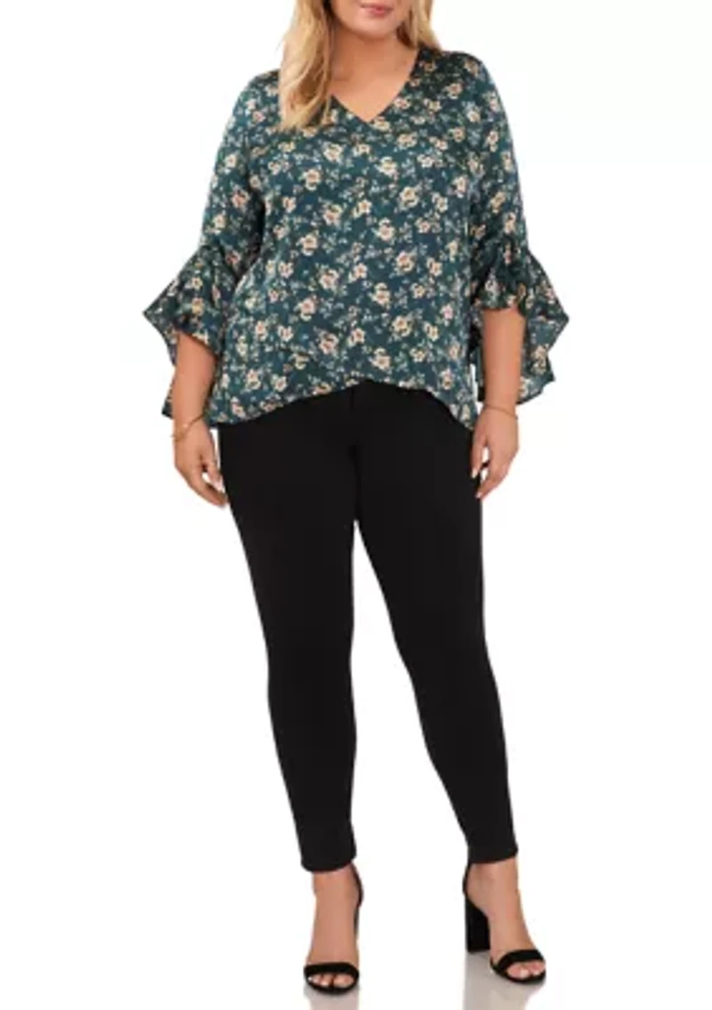 Plus Long Sleeve V-Neck Double Layer Blouse