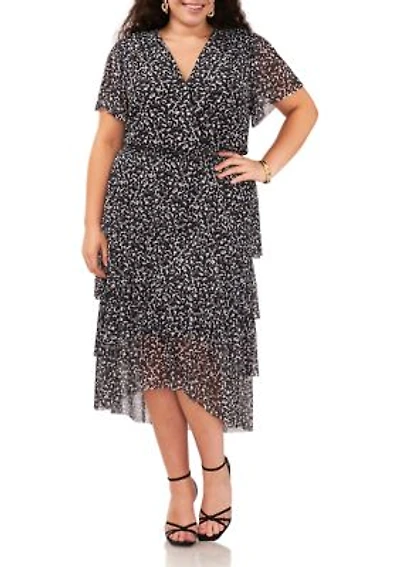 Plus Short Sleeve Mesh Tiered Midi Dress