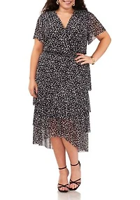 Plus Short Sleeve Mesh Tiered Midi Dress