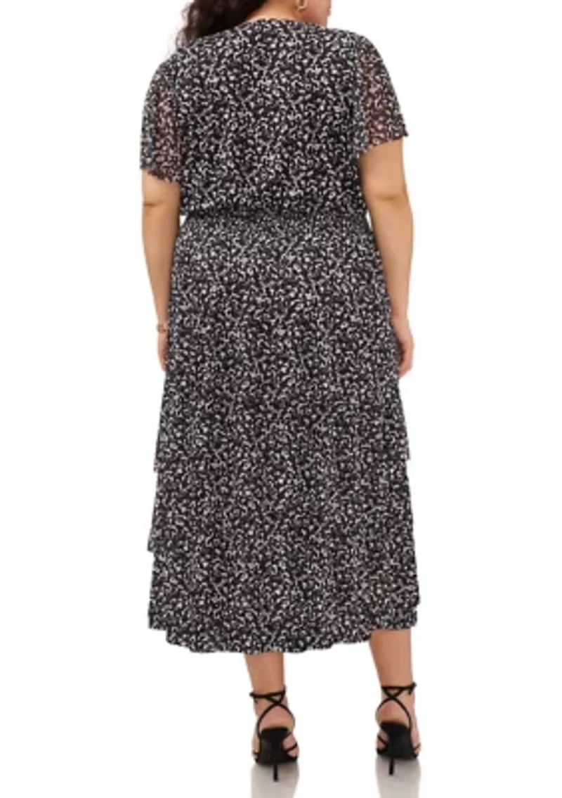 Plus Short Sleeve Mesh Tiered Midi Dress