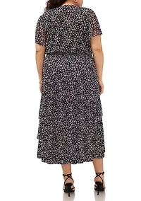 Plus Short Sleeve Mesh Tiered Midi Dress