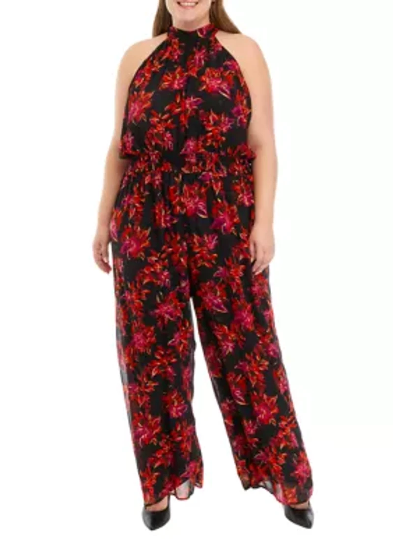 Plus Sleeveless Floral Halter Jumpsuit