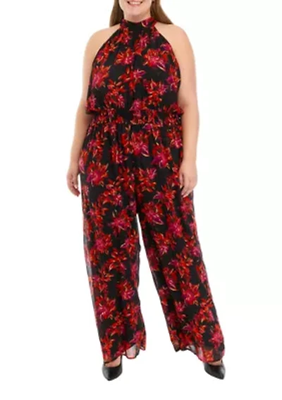 Plus Sleeveless Floral Halter Jumpsuit